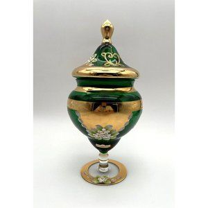 Vintage SEYEI Victorian Glass Decorated Footed Candy Dish w Lid Green